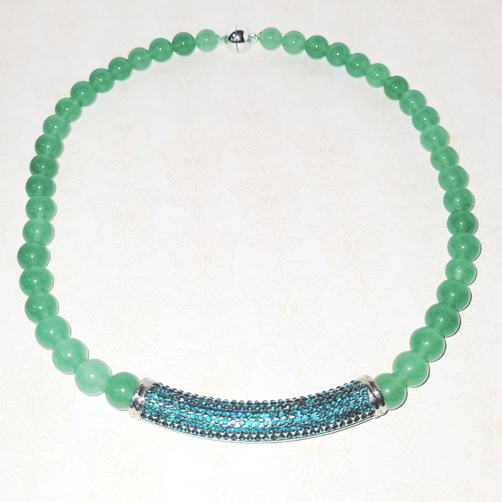 NEW Green Aventurine Beads & Blue-Green Austrian Crystals  Silvertone Necklace